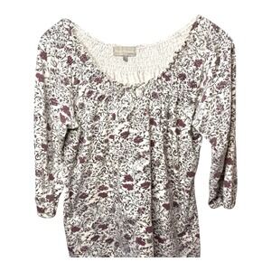 Allyson Whitmore Floral Blouse Petite Large White Stretch Pullover Button Womens